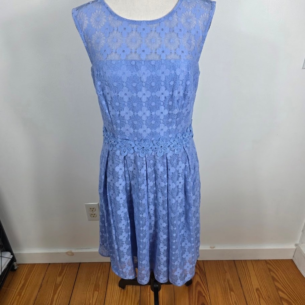 London Times‎ Lace Fit & Flare Dress Womens 8 Blue Floral Applique Sleeveless